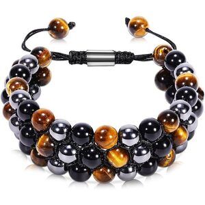 Triple Protection Bracelet, Genuine Tigers Eye Black Obsidian And Hematite 8Mm